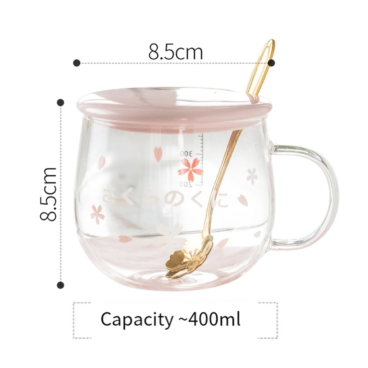 400Ml Creative Sakura Glass Coffee Mug Cute Transparent Heat-Resistant Water Cup with Handle Lid Spoon ,B