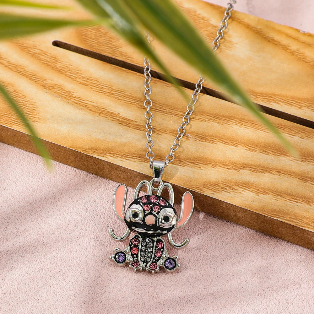 1개 디즈니 릴로 & 스티치 힙합 목걸이 귀여운 라인스톤 펜던트 목걸이 패션 애니메이션 장난감 선물