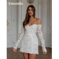 Amanda Long Sleeve Mini فساتين سهرة Sequins Lace Short Vestidos De Fiesta Sweetheart Strapless Lace Fishbone Vestidos De Noche