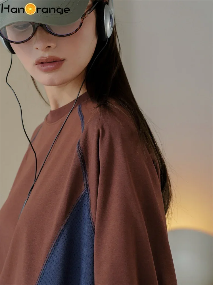 HanOrange-T-shirt respirant pour femme, haut épissé, blanc, marron plonger âtre, vert clair, style sport, début du printemps, 2025