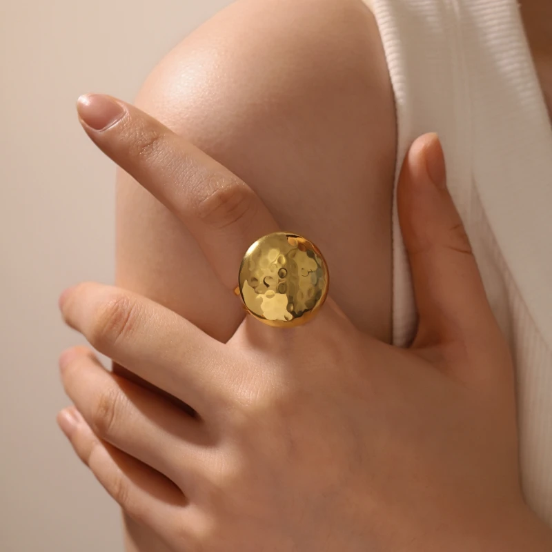Stainless Steel 18K Chubby Disco Hammer Grain Square Ring/Earrings Personalized Gold Color Texture Waterproof Charm Jewelry