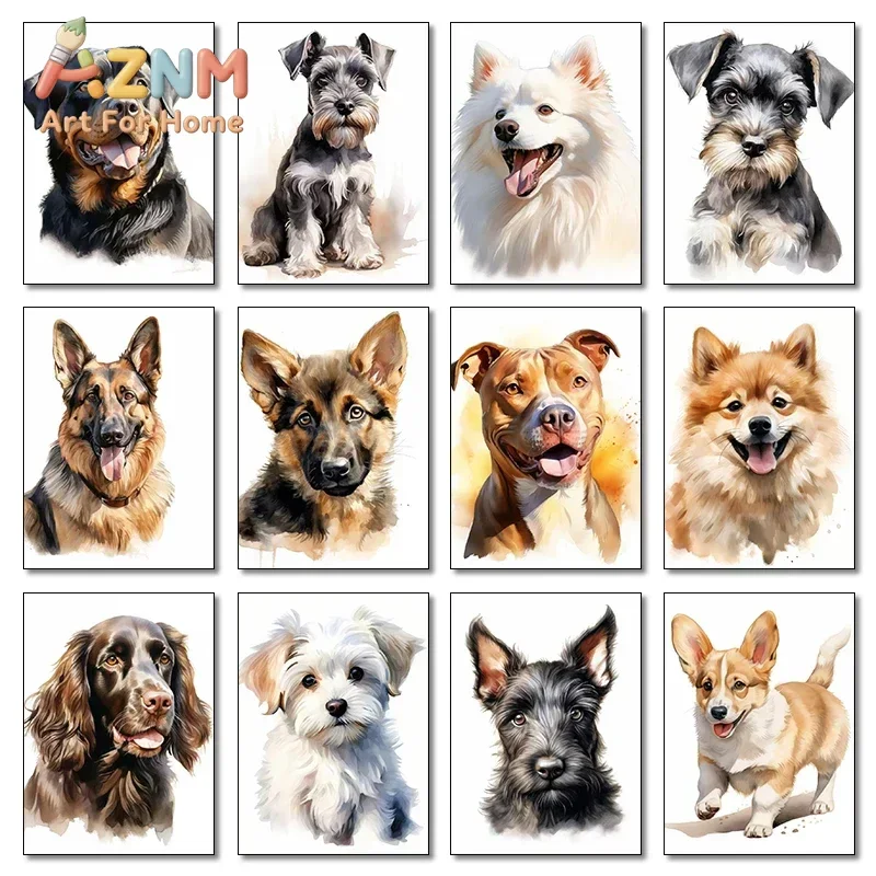 AZNM Frameless Canvas Wall Art Watercolor Different Dog Breeds Portrait Pet Animal Print Home Living Room Bedroom Wall Decor Pos