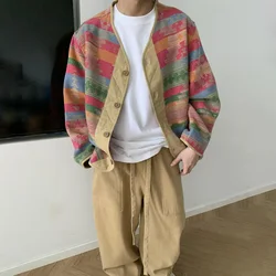Mens Jacket Rainbow Stripes Contrast Color Casual Jacket Autumn Streetwear Personality Retro Ethnic Jacket Men'S Clothing 2024