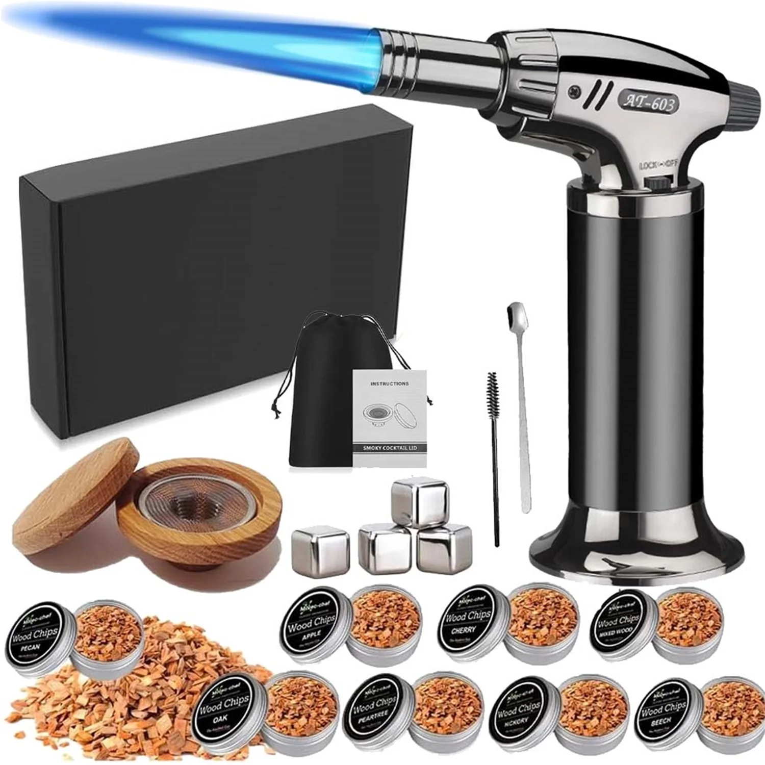 Whiskey-Räucher-Set mit Brenner - Holzchips, Eisballformen - Cocktail-Räucher-Set, Old-Fashioned-Drink-Räucher-Set, Geburtstagsgeschenke für Bourbon-Whiskey für Männer, Vater, Ihn,