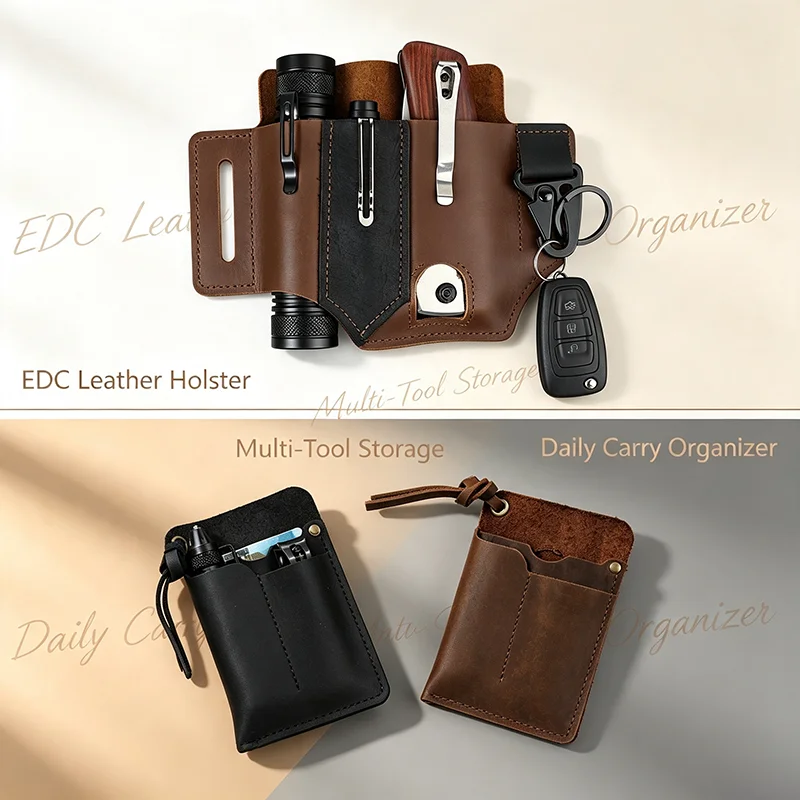 EDC PU Leather Pocket Organizer Belt Sheath, Multitool Flashlight Key Holder Leather Case, Outdoor Camping Tool Storage Pouch ﻿