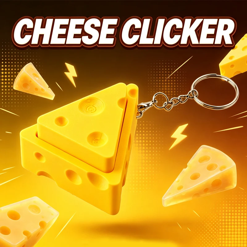 Cheese Fidget Clicker Keychain – 3D Printed Mini Cheese Keyboard Stress Relief Toy Portable Pocket Anti-Anxiety Fidget Gadget