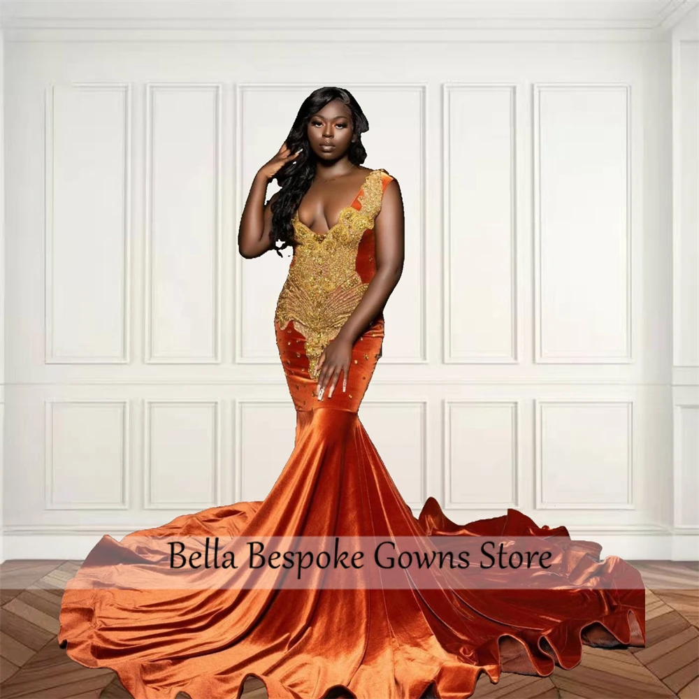 Robe de Rhlongue en velours V N orange pour filles noires, perles de cristal, biscuits, robe d'anniversaire de luxe, robes de soirée personnalisées, 2025