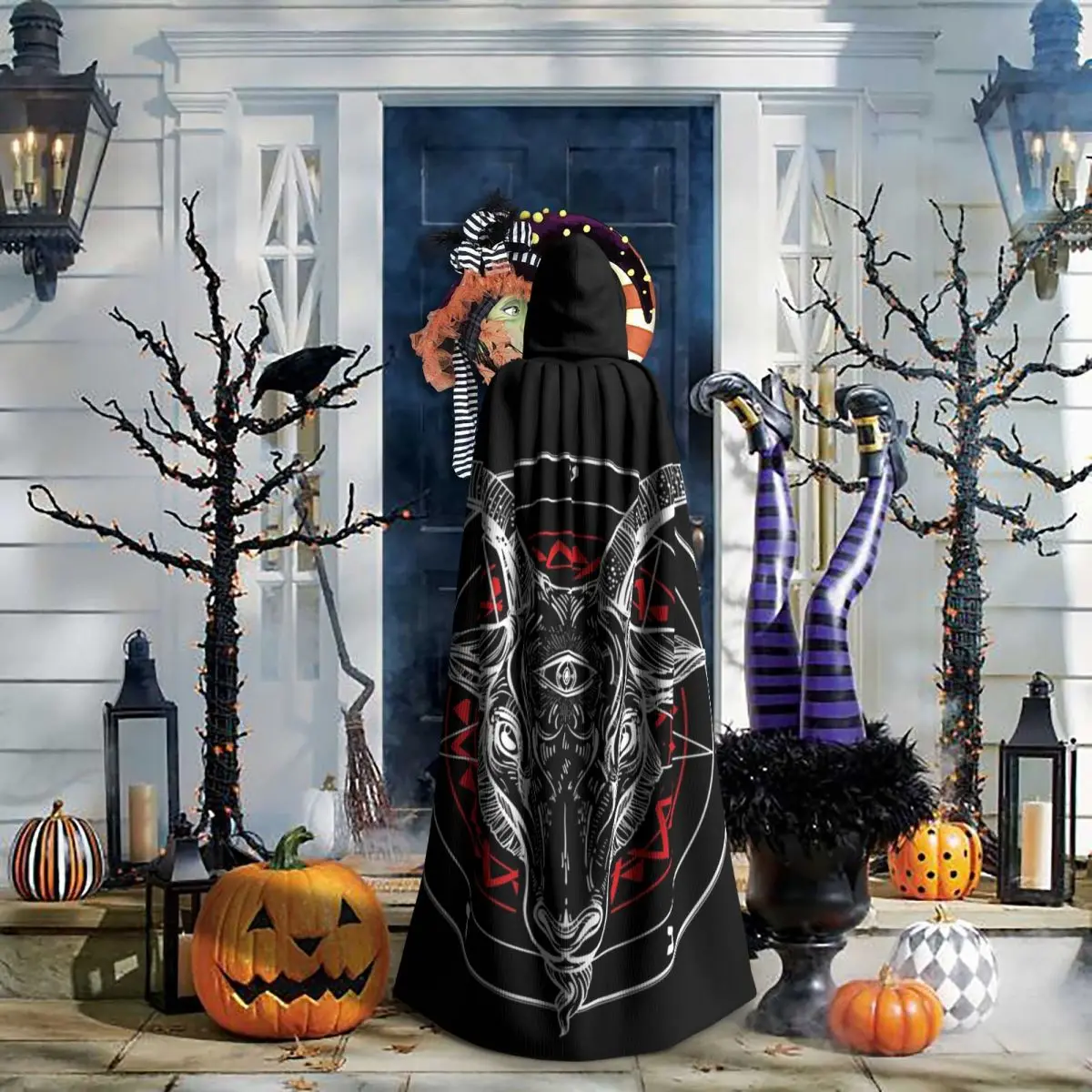 悪魔のヤギバフォメットサークルサタンシンボルルシファー悪魔ロングフード付きマント魔女中世衣装コスプレケープハロウィンコート