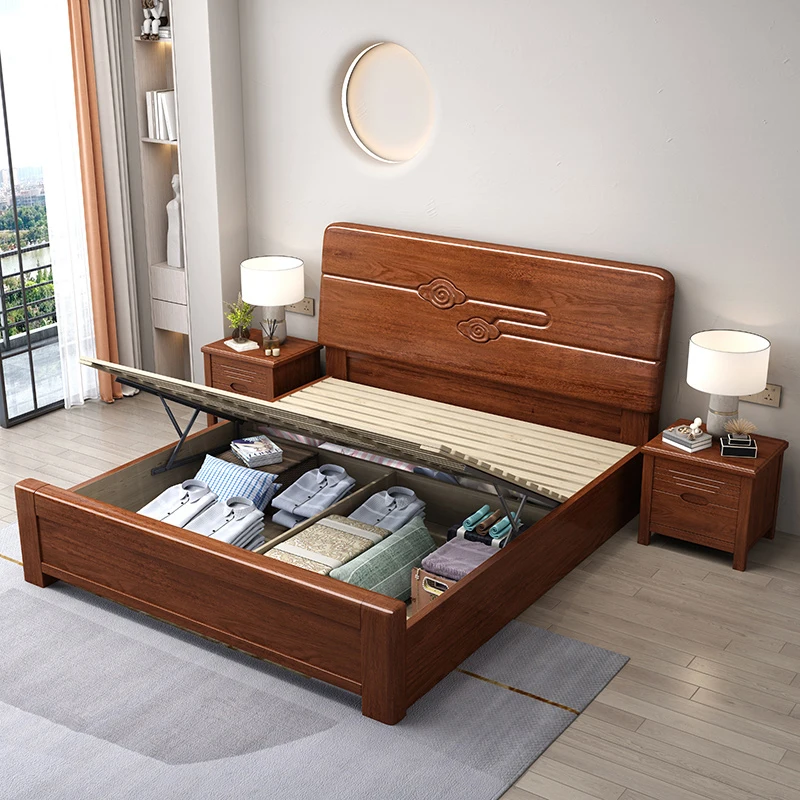 @￥Modern Minimalist Style Black Walnut Finish Soft Leather Upholstery for Master Bedroom New Chinese Wood Bed With Lift Gas