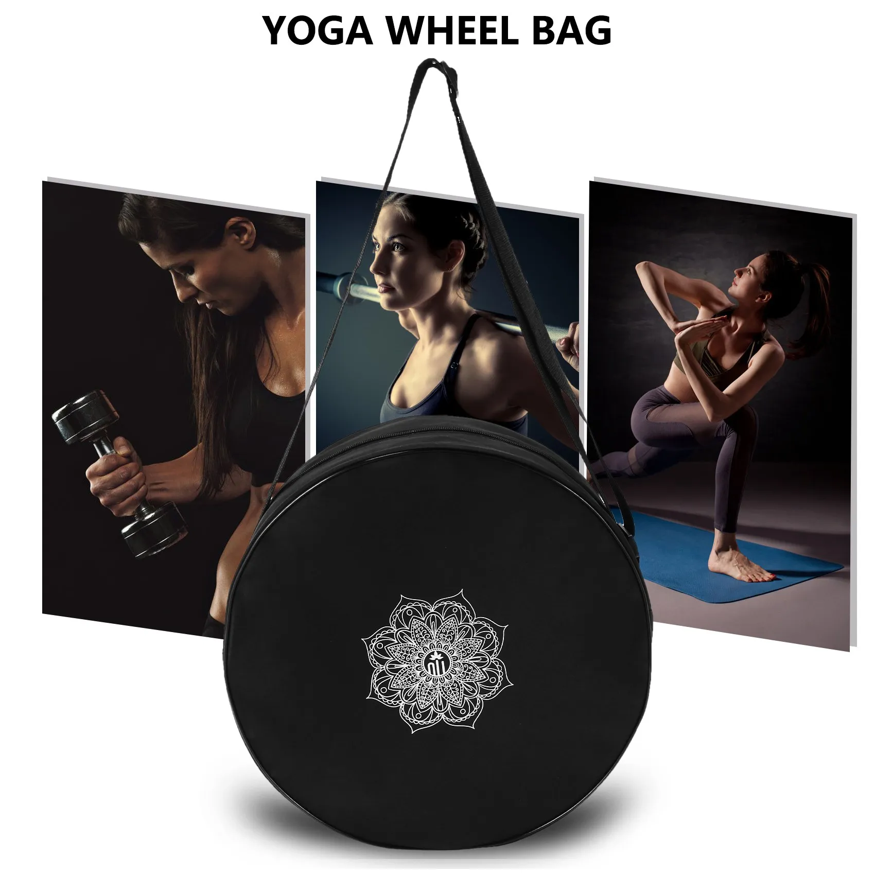A07T-Yoga Wheel Bag Nylon Black Mandala Flower 36X14cm Yoga Circle Bag For Yoga Wheel Large Capacity