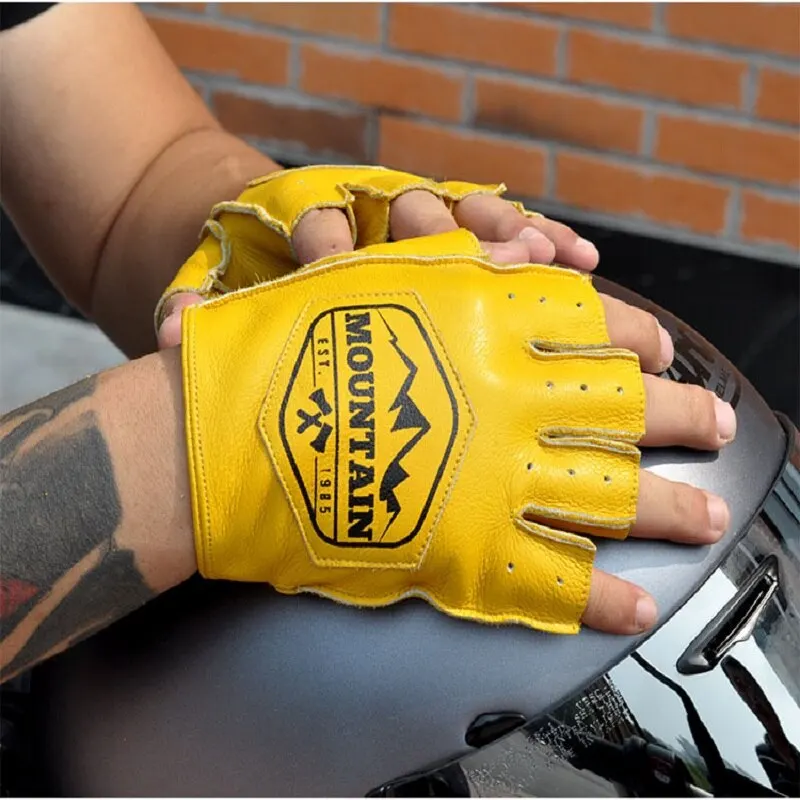 Motorcycle Men\'s Genuine Leather Cowhide Protective Gloves Motorcycle Outdoor Riding Sports Retro Full Finger Half Finger Gloves