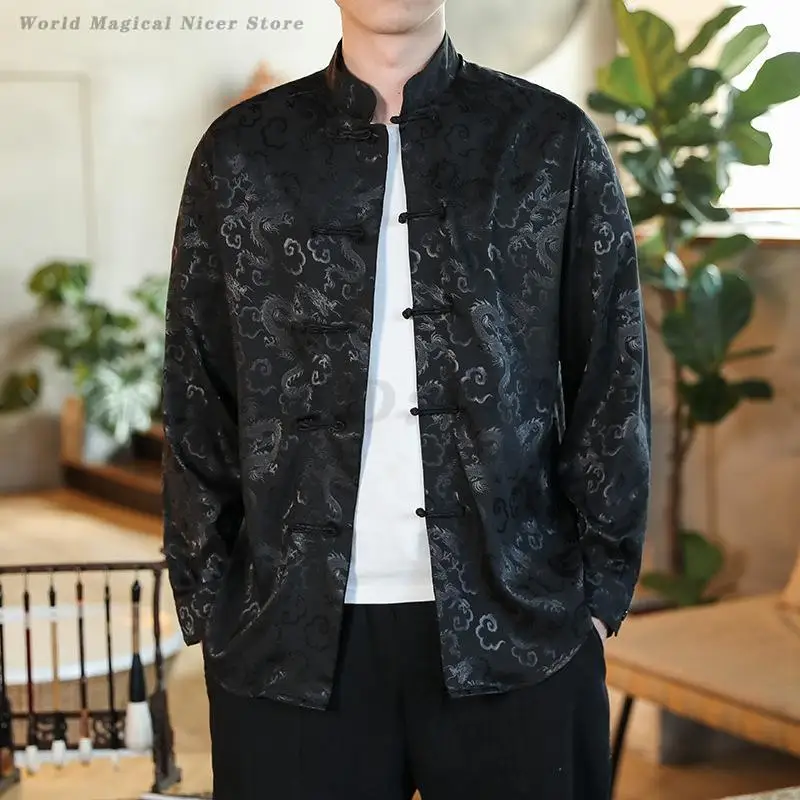 

Men Chinese Dragon Shirt Coat Black Satin Mandarin Collar Tang Costume Top Large Size 5XL New Year Clothes Male Jackets Hanfu