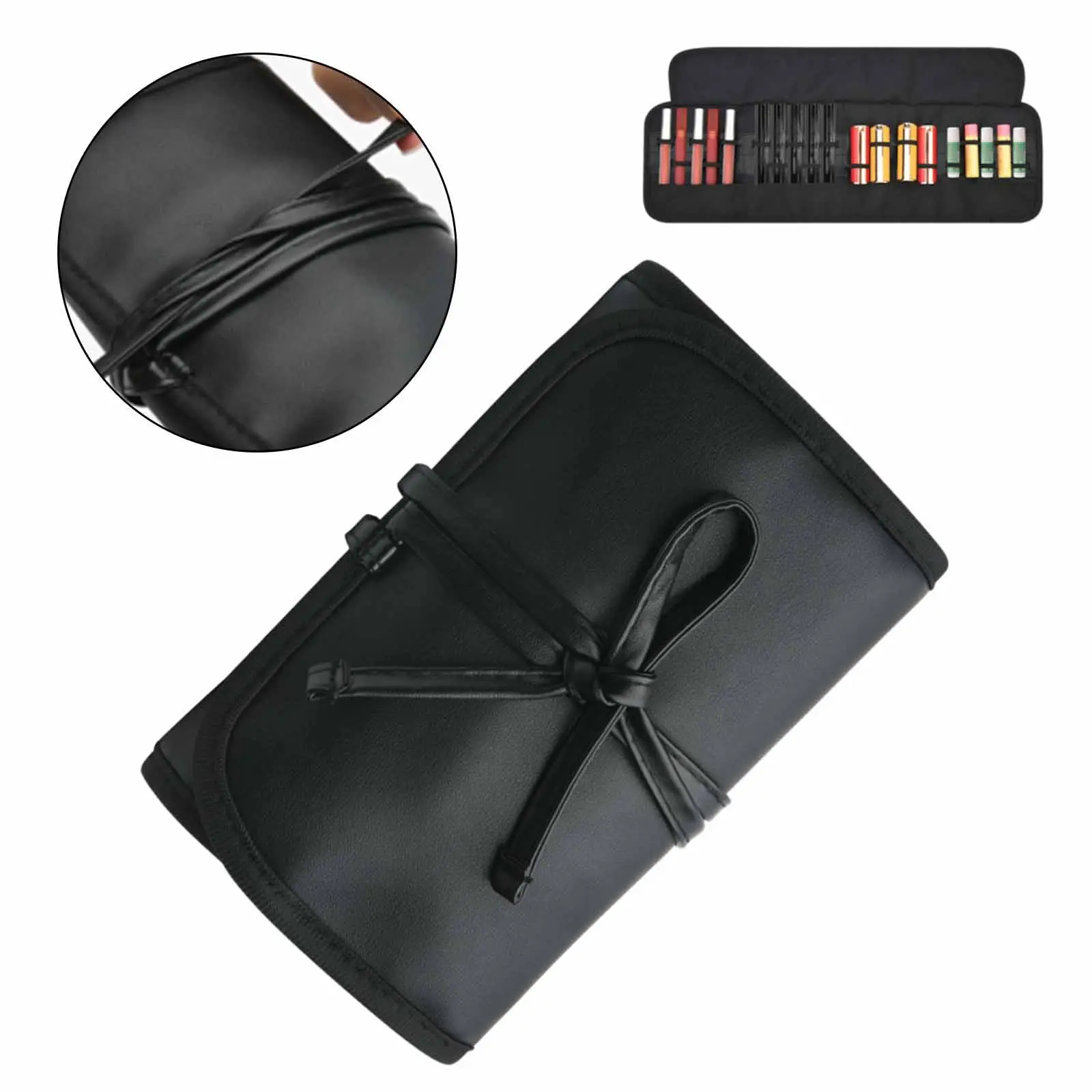 

Roll Up Makeup Bag Organizer PU Leather Lipstick Case Space Saving Cosmetic Tote for Vacation Bathroom Camping Hiking