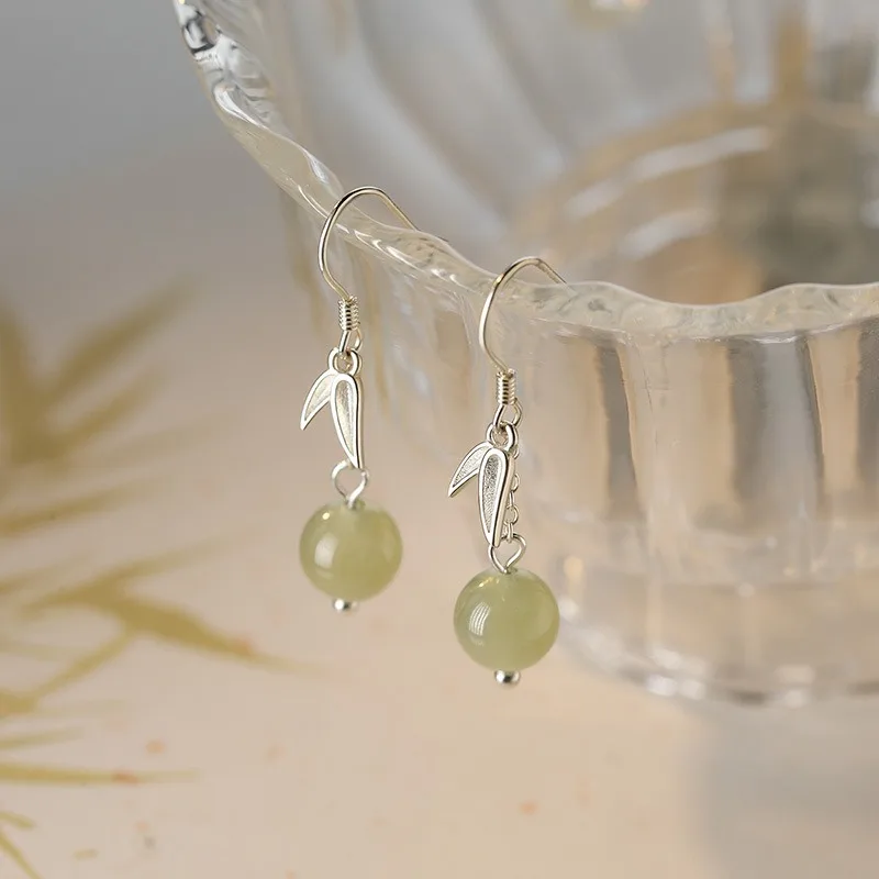 New Chinese Style Classical 925 Sterling Silver Bamboo Leaf Hetian Jade Beads Dangle Earrings for Woman Jewelry Accessories Gift