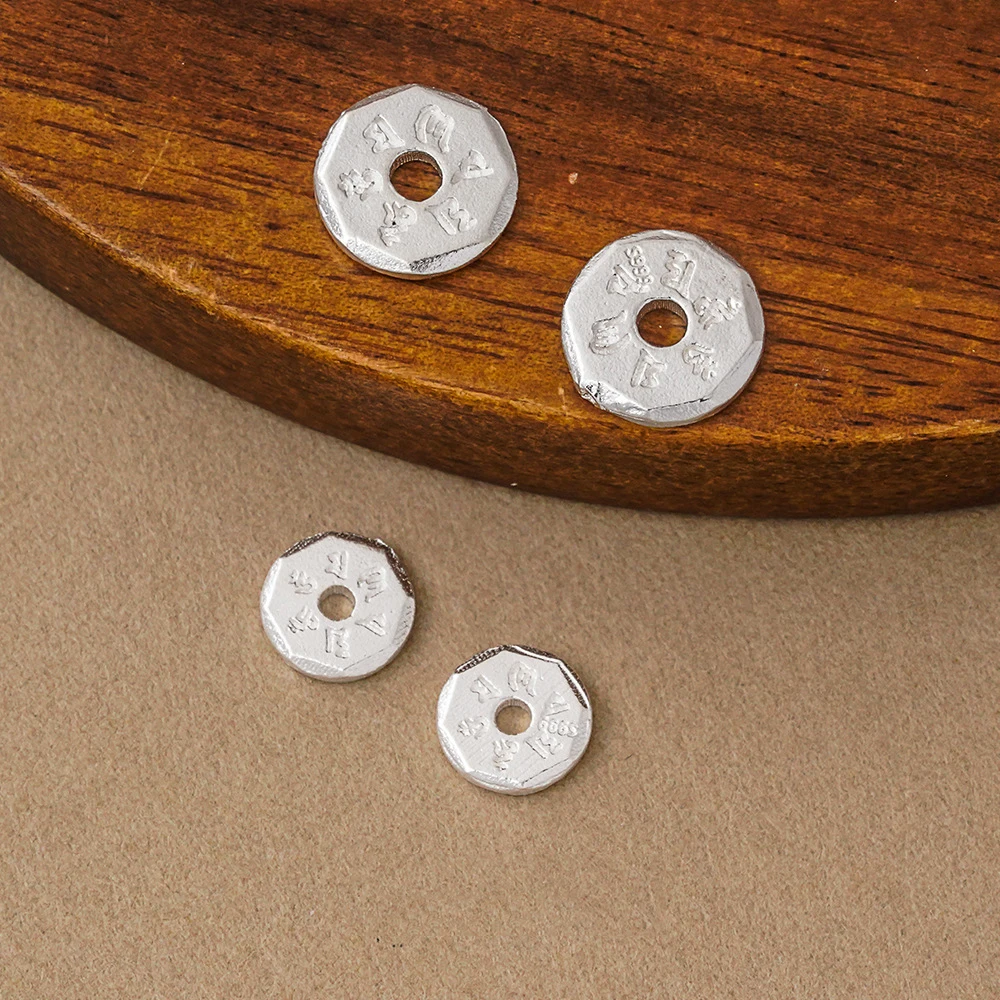 999 Silver Six‑Syllable Mantra Spacer Bead Flat Octagon Donut Loose Bead Hollow Charm Bead for DIY Bracelet Necklace Making