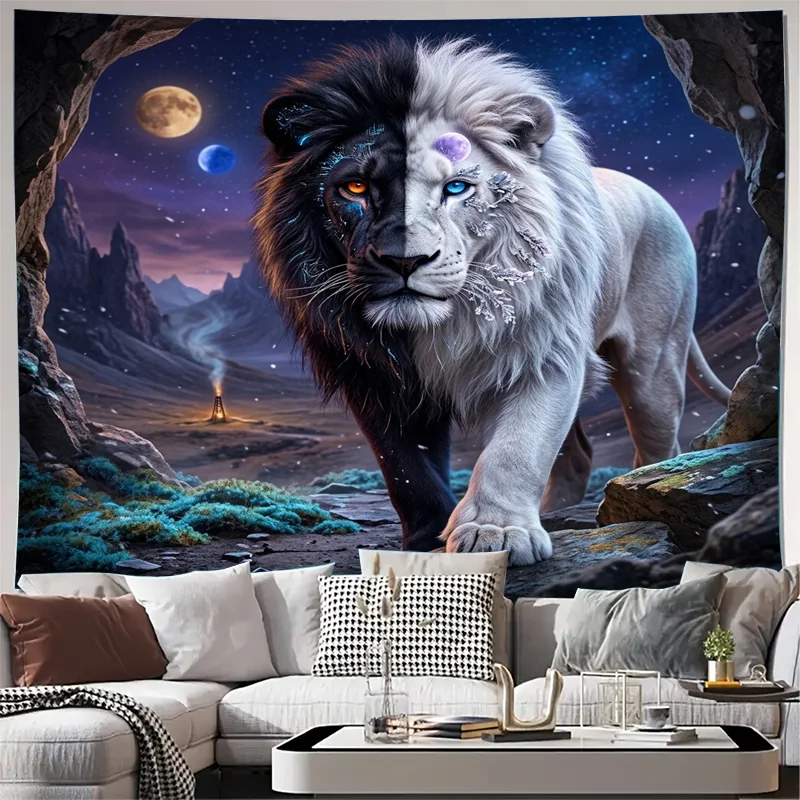 Bohemian Cosmic Fantasy Lion Beast Mural Window Curtains Starry Night Majestic Wolf Panel Decor Room Art Drapes Mystic Sky Panel