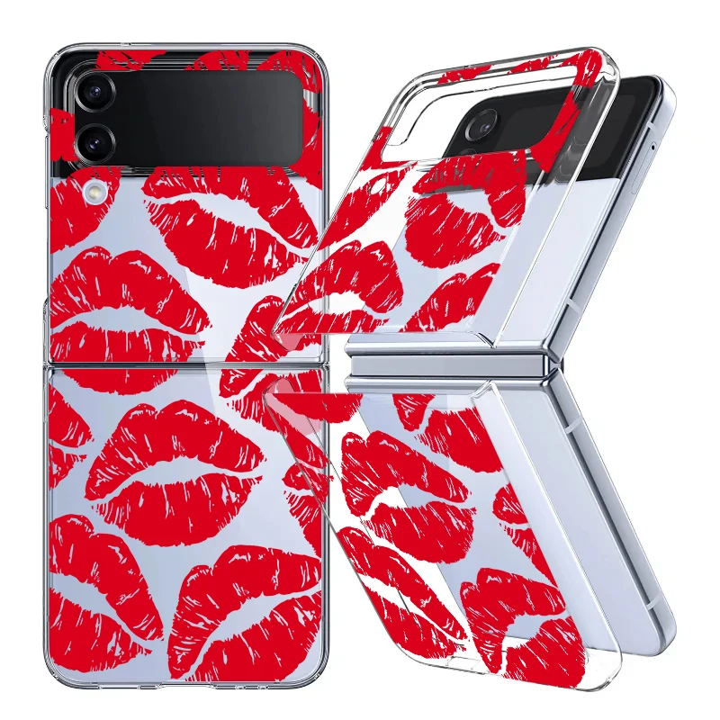 

Lipstick Pattern Clear Phone Case For Samsung Galaxy Z Flip5 Flip4 Flip3 Folding Transparent Hard Cover For Samsung Z Flip 5 4 3