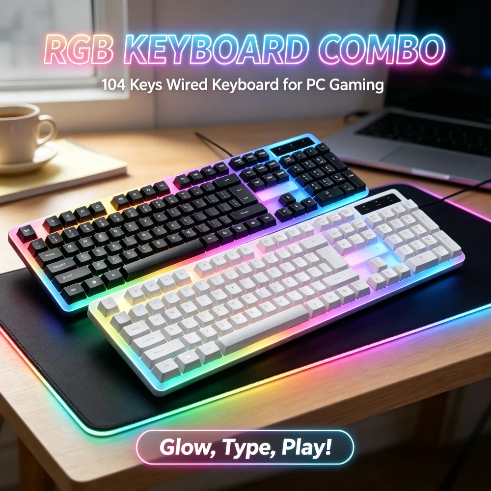 Gaming Keyboard Mouse And Headset Combo - RGBバックライトキーボード、有線104キーメカニカル風キーボード、LED照明、プラグアンドプレイ、PCゲーム、オフィスデスクアクセサリー、ラップトップ、家庭用