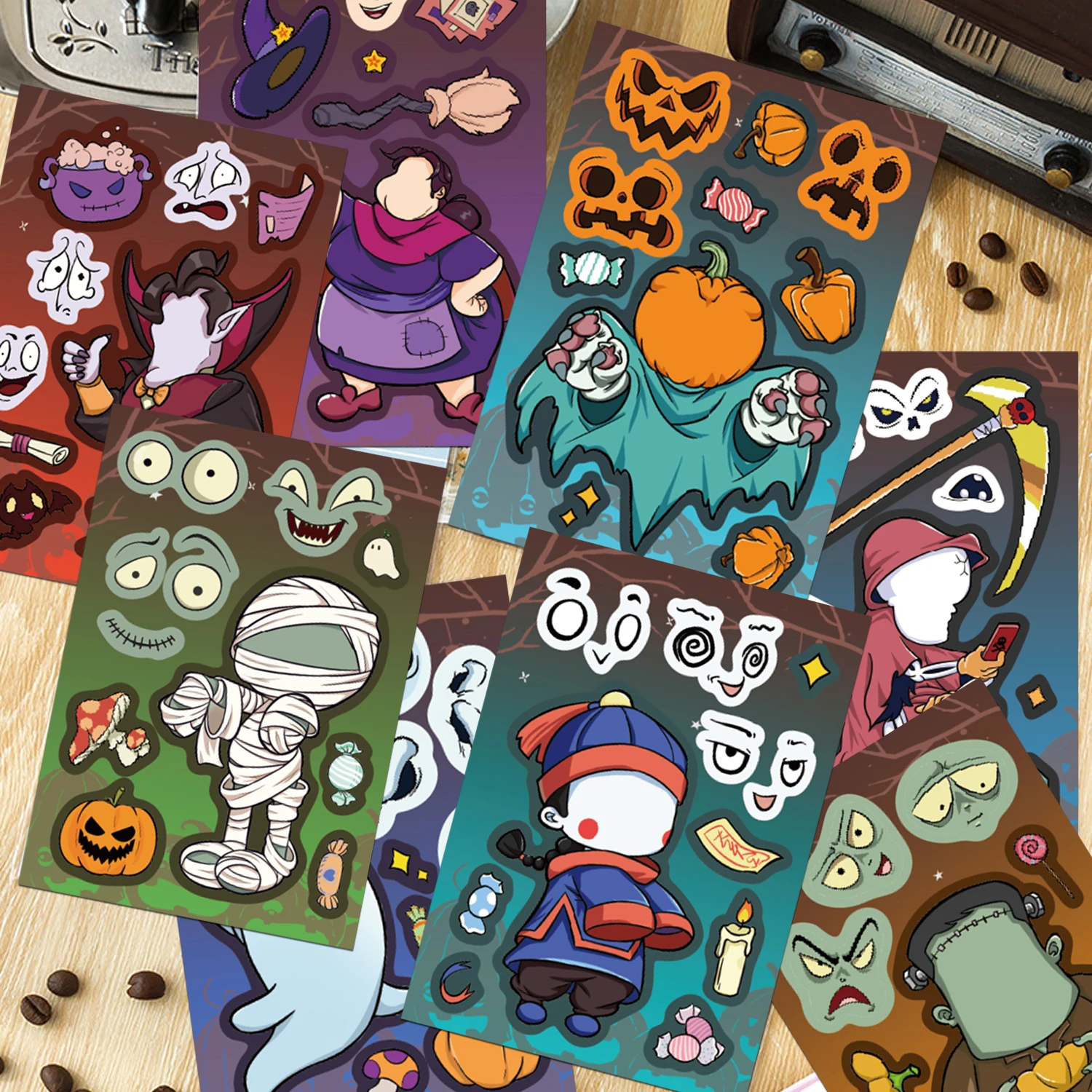 8PCS Classic Halloween Cartoon Stickers Vampire Ghost Zombie Mummy Witch DIY Laptop Book Luggage guitar