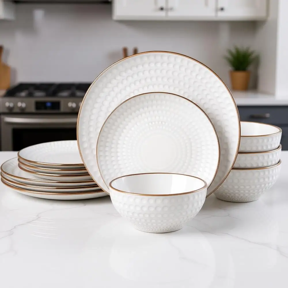 

12-Piece Stoneware Dinnerware Set with Gold Trim, Microwave & Dishwasher Safe, White Circle Design