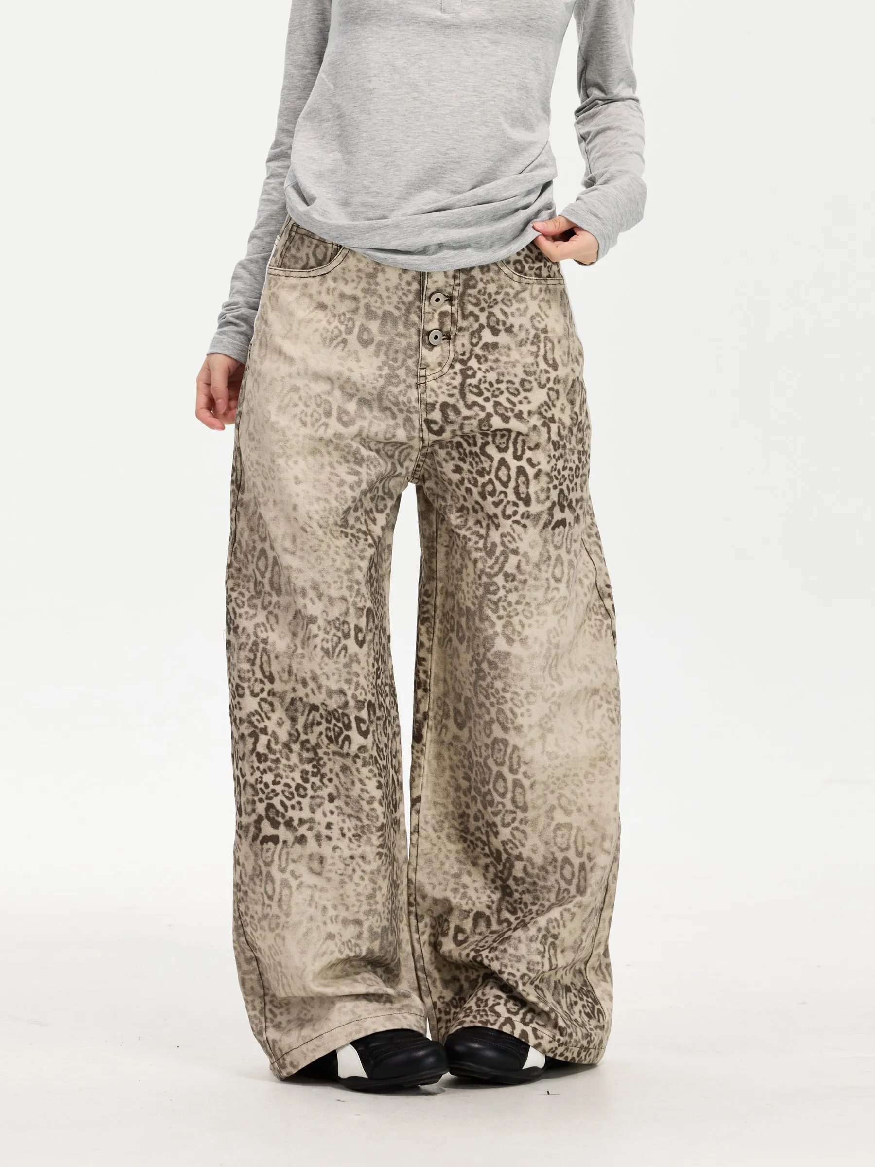 New Korean Retro Fashionable Wild Leopard Print Wide-Leg Jeans Crisp Smooth Loose Long Pants for Women