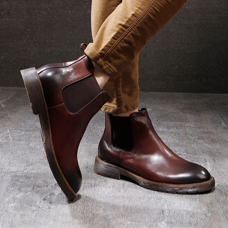 Botines Chelsea de cuero genuino de vaca de estilo británico para hombre, zapatillas altas con banda elástica sin cordones, botas de vestir informales para hombre