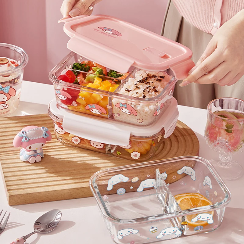 Kawaii Sanrio Cinnamoroll Hello Kitty moja melodia szklana pudełko na Lunch kuchenka mikrofalowa podgrzewanie specjalnej miski do przechowywania świeżego Bento