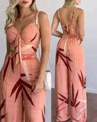 Summer New Women's Suit Sexy Sleeveless Backless Womens Outfits Leaf Print Crop Top & Wide Leg Pants Set Long Pants 2 Piece Sets