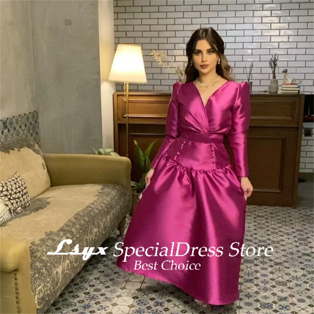 LSYX Solid Color Prom Gown V-Neck Full Sleeves Evening Dresses Elegant A-line Ankle-Length Party Dresses فساتين للحفلات الراقصة