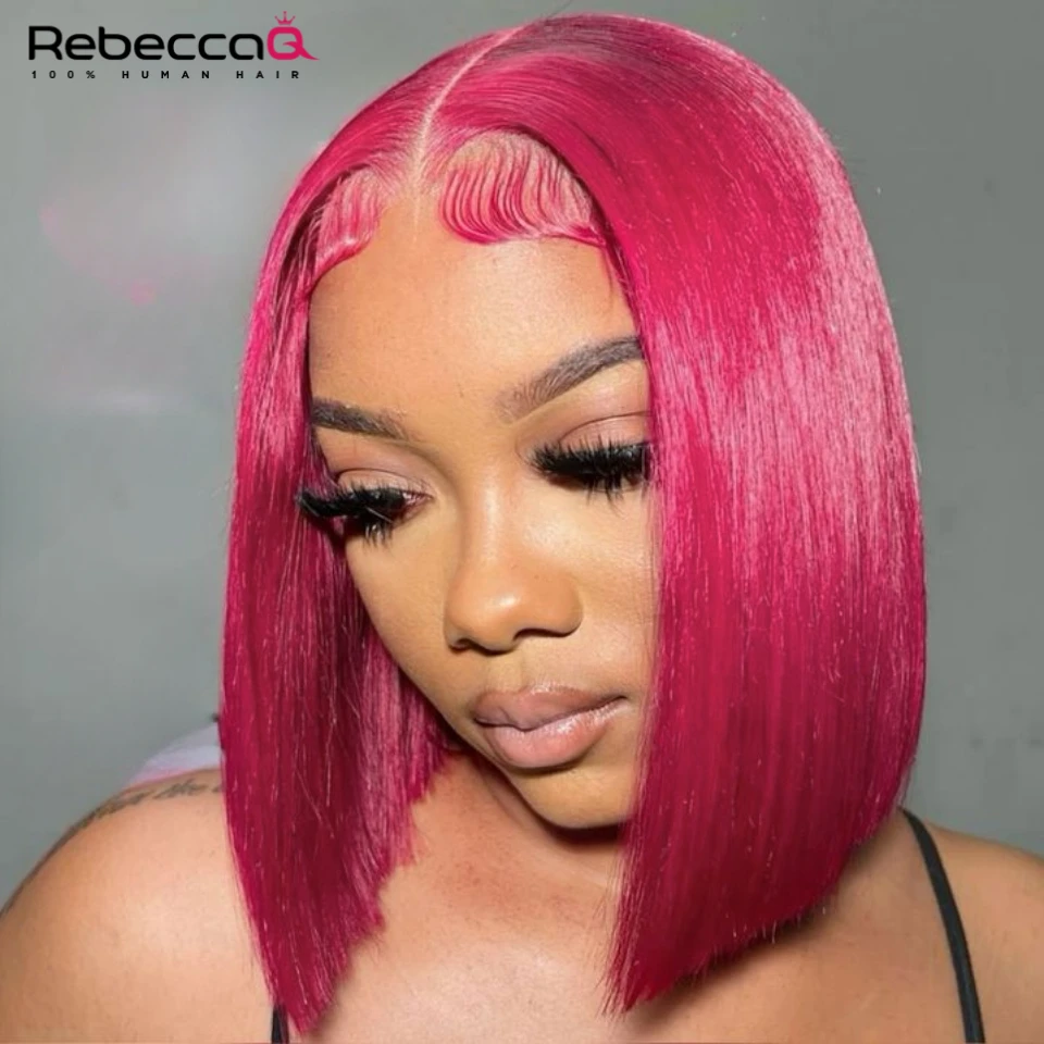 

QVR Hot Pink Bob Wig 13x5x1 Lace Front Wig Light Pink Short Straight Bob Human Hair Wig For Women 180 Density Remy qvr Party Wig