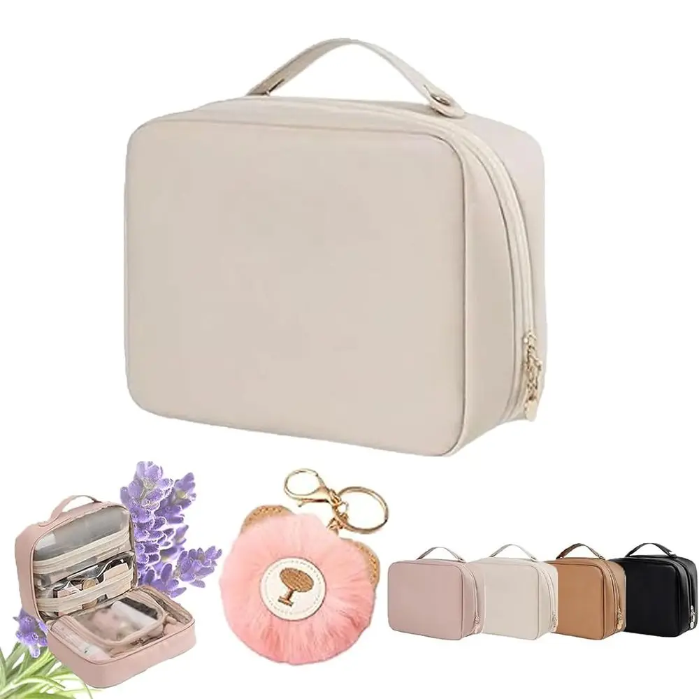 

PU Leather Toiletry Cosmetics Bag Multi-Compartment Waterproof Makeup Bag with Handle Large Capacity Cosmetic Organizer Woman