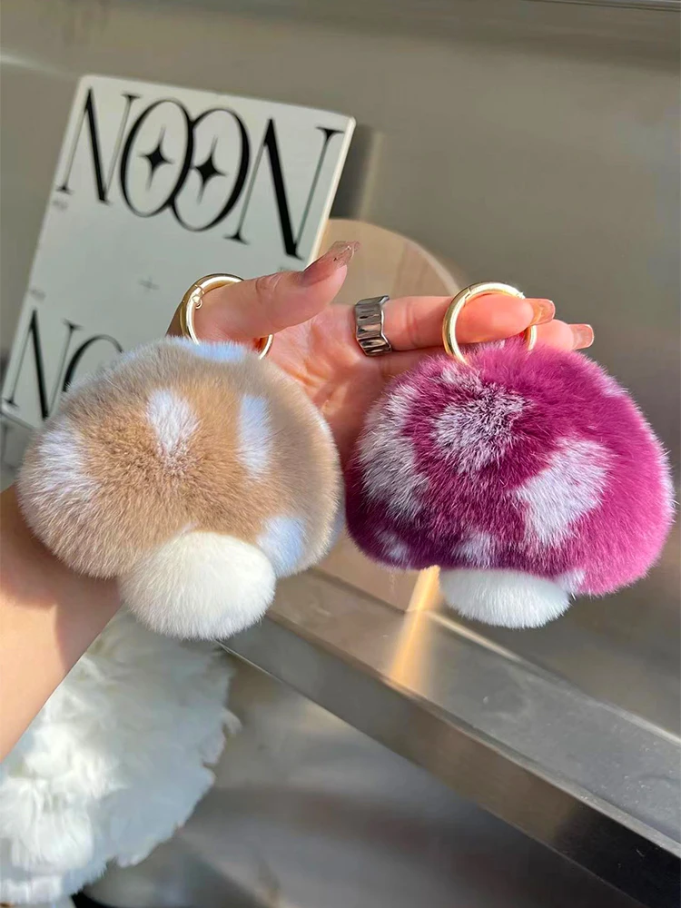 Cute Mushroom Real Rex Rabbit Fur Key Chains Girls Schoolbag Toy Pendant Plush Ball Women Bag Charm Ornaments Car Keyring Gift