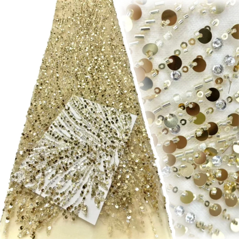 

High Quality Lace Embroidery Sequins Net Lace with Beads Latest African Sequins Lace Fabric for Women Wedding Party Dress CC1671