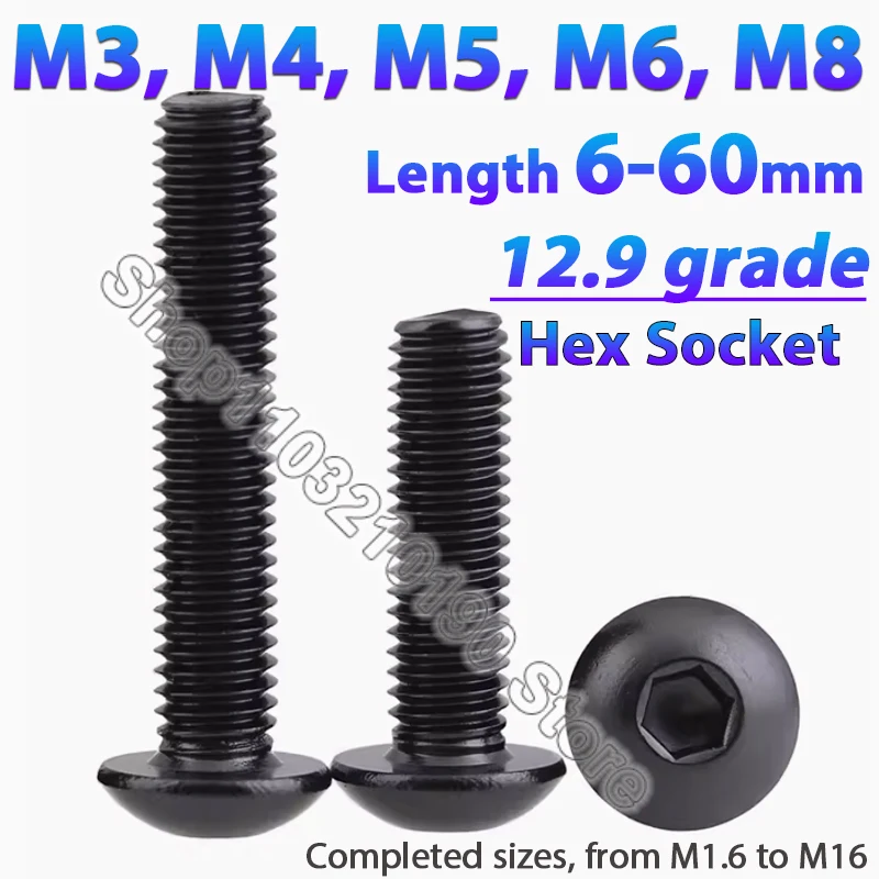 2‑10Pc Grade 12.9 Black High‑strength Steel Round Pan Button Head Hexagon Hex Socket Allen Bolts Furniture Screws M3 M4 M5 M6 M8