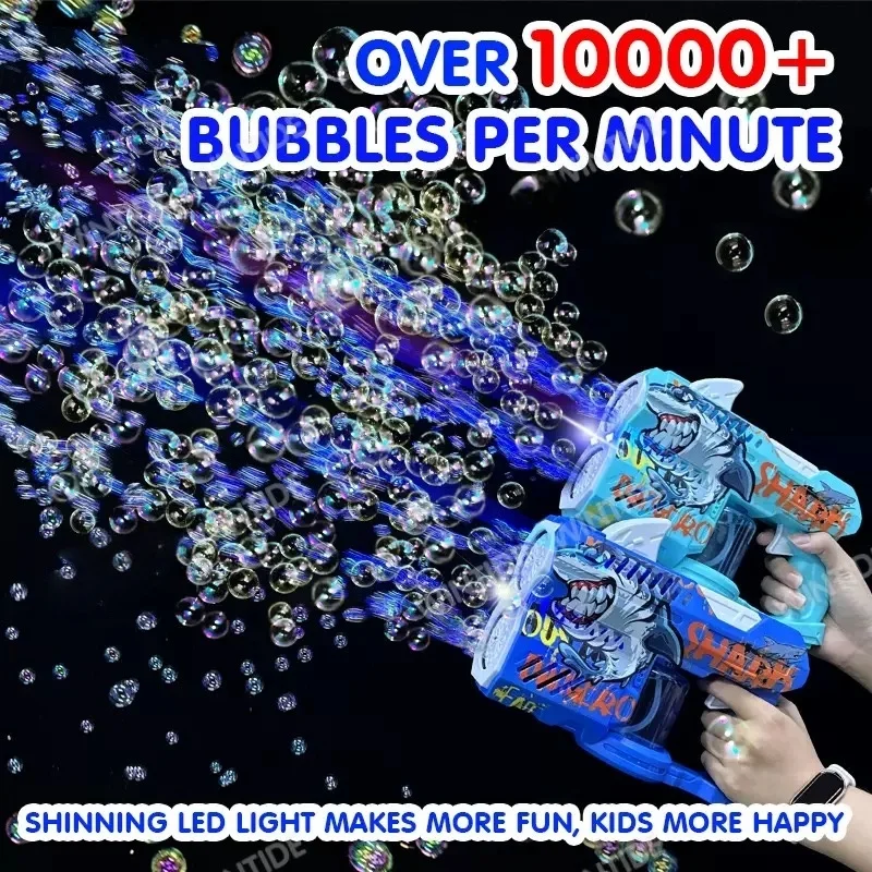 O popular brinquedo americano, a versão Glowing Shark da pistola de bolhas de cano duplo com um focinho de bolhas brilhante, é adequado para