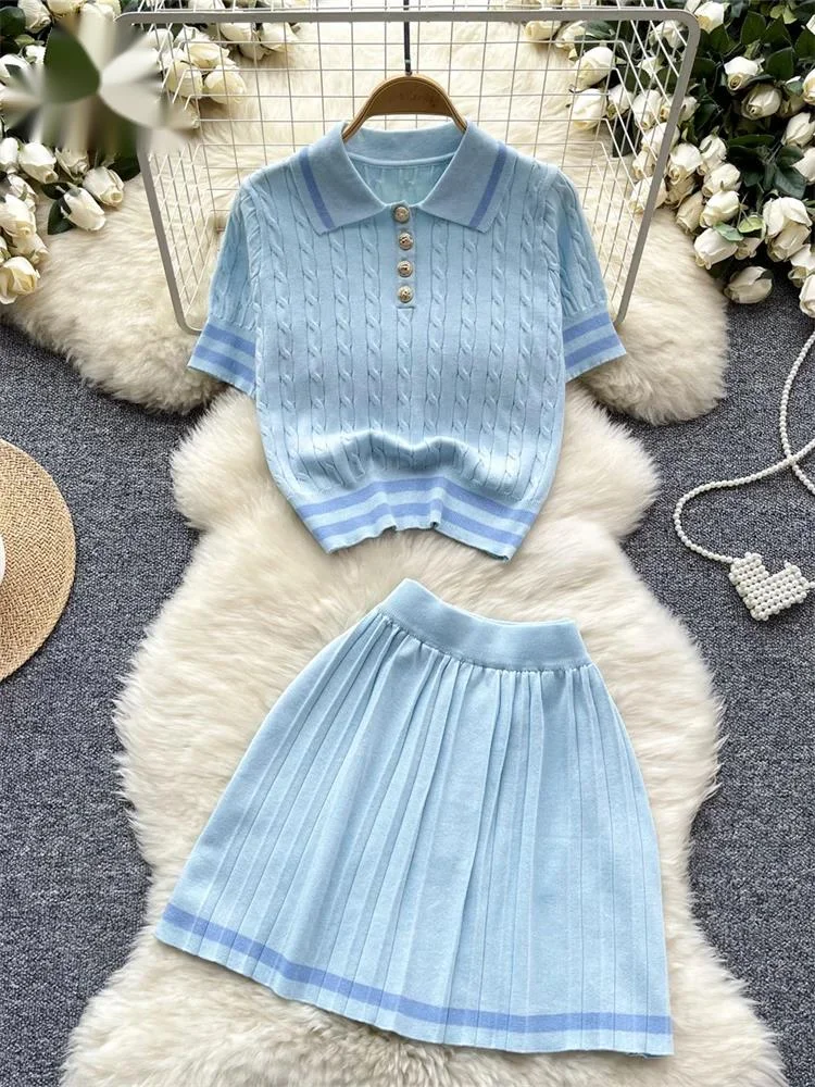 Summer Newest Knitting Two Pieces Sets Button Vintage Basic Tops+High Waist Pleated Skirt Women Fashion 2pcs Suits