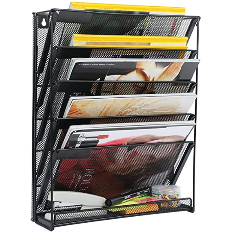 5-layer Vertical Metal Storage Rack Basket Wall Hanging Storage Magazine Newspaper Storage Rack Wall Decoration Rack