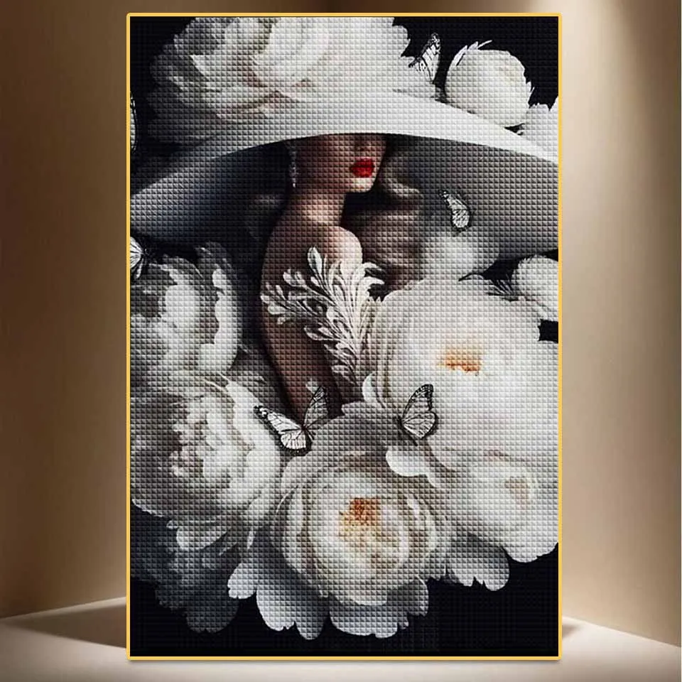 Diamond Painting Art DIY Women Big Flowers on Black Background Diamond Mosaic Kit 5D Rhinestone Cross Stitch Handmade Home Decor