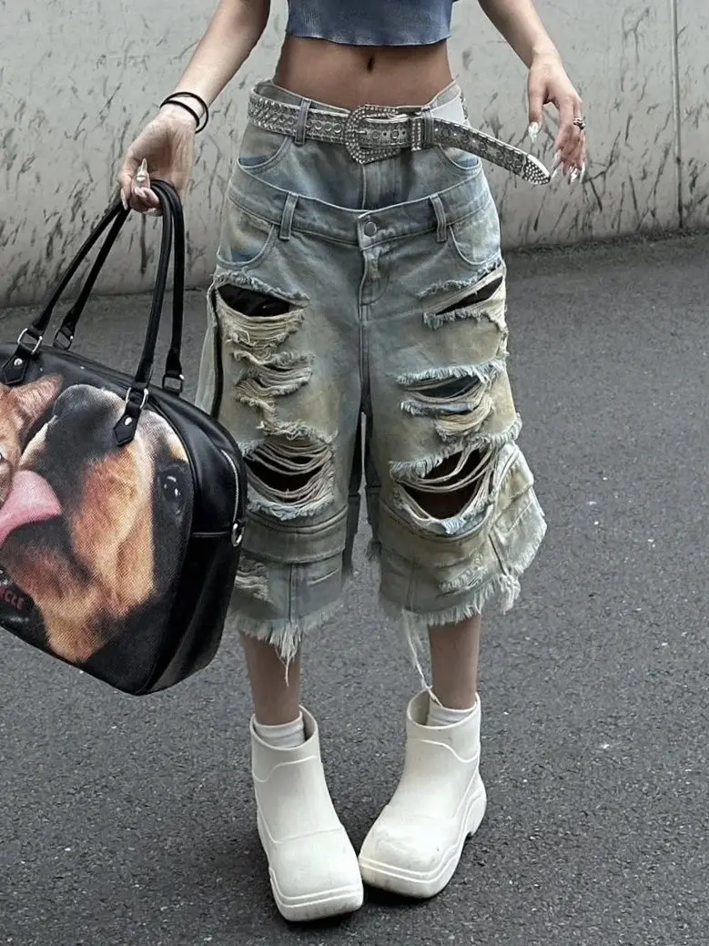 American Washed Ripped Old Denim Cropped Pants Baggy Jeans Women Street Straight Loose Jeans Wide-leg Pants