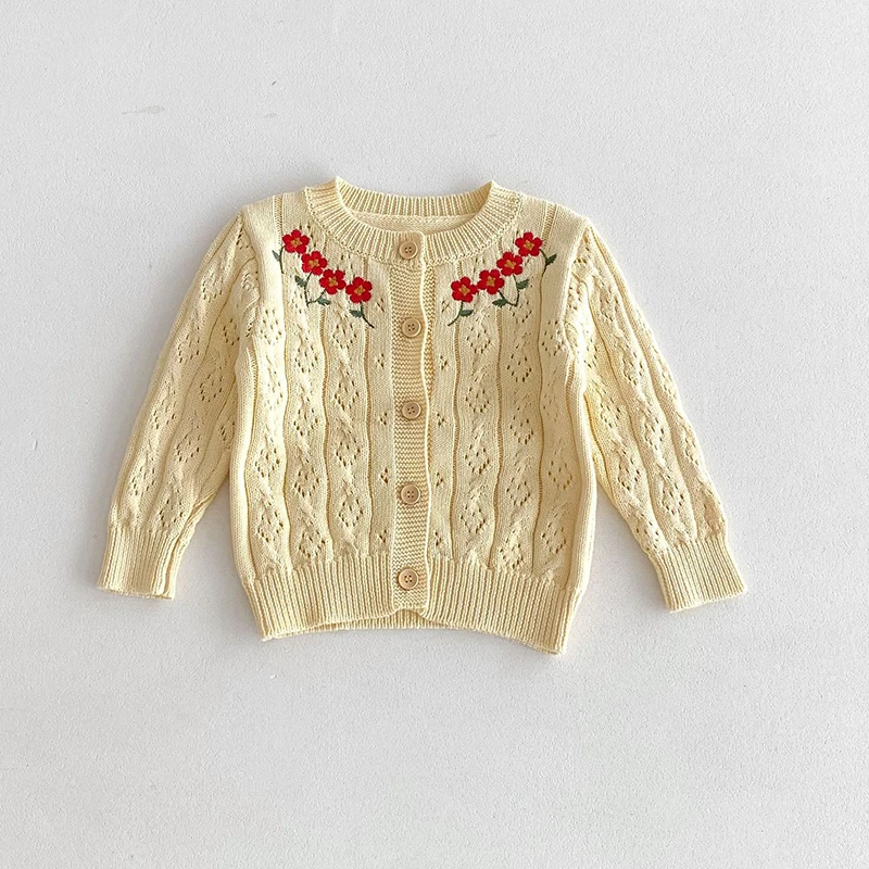 جديد الخريف متماسكة سترة سترة طفل الفتيات طويلة الأكمام الحلو التطريز زهرة متماسكة البلوزات الأطفال بالأزرار سترة معطف #4