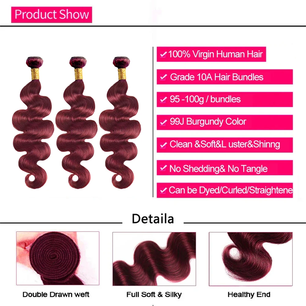 Tissage en Lot Brésilien 100% Naturel Body Wave Rouge Bordeaux 99J, Extensions de Cheveux Colorés, 30 Amans, 1/3 Pièces