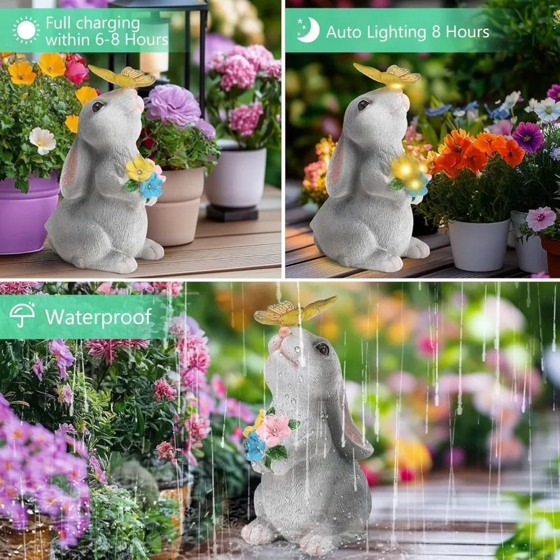 Figura de conejo de resina con energía solar y luz LED cálida, ecológica, impermeable, resistente a la intemperie, estatua de animal con iluminación nocturna automática, adorno para jardín, césped, patio, terraza, decoración de paisaje al aire libre, regalo