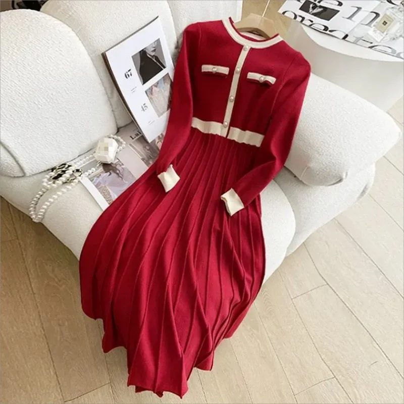 

High Quality Fashion Women Red Hit Color Knitted Pleated Dress New Autumn Winter Long Sleeve O Neck Pearl Button Sweater Dresses