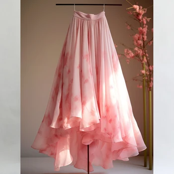 Yaz yeni düz renk moda pembe A-line etek kadınlar yüksek sokak tatlı Lolita yüksek bel fermuar Chic asimetrik büyük etek