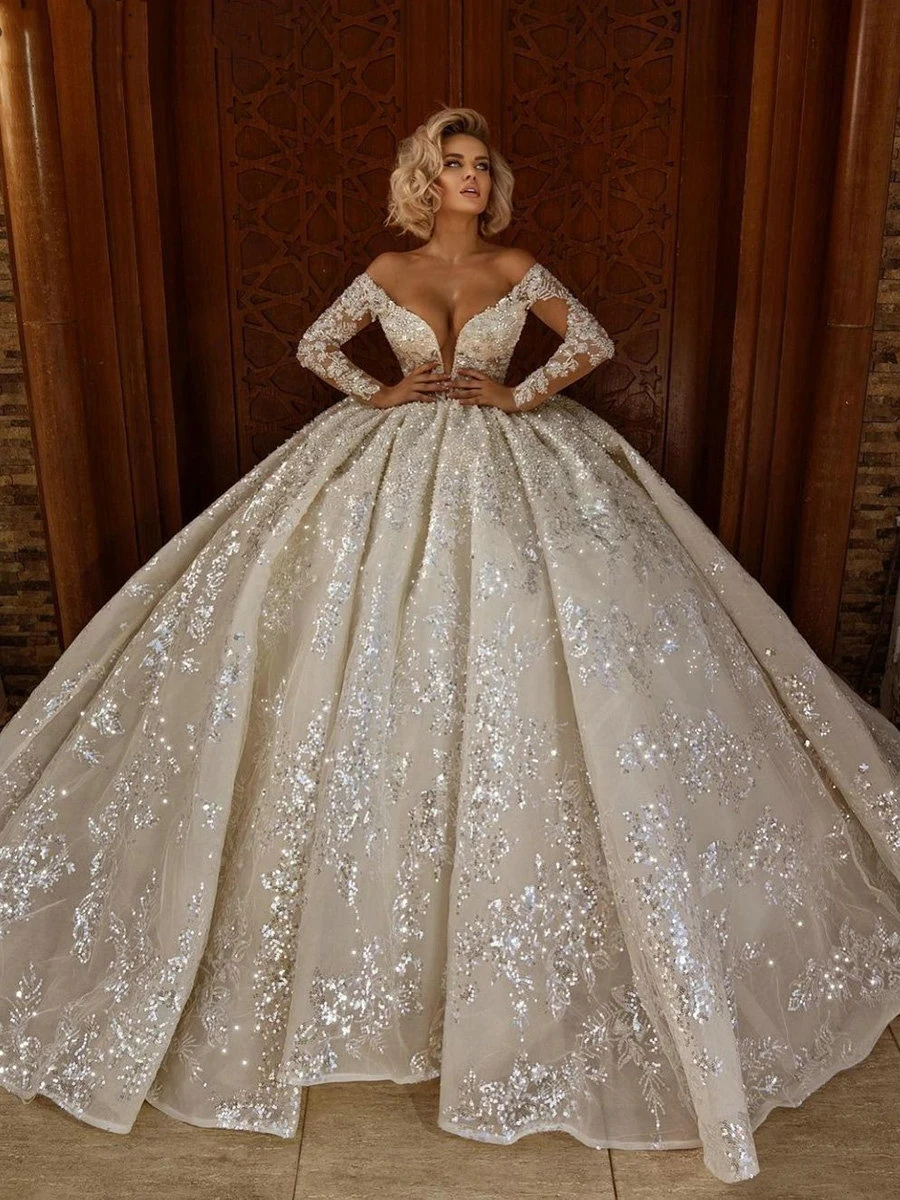 

Charming Sparkly Off Shoulder Wedding Dresses Sequins Beading Long Sleeves Bride Ball Gowns Vestidos De Novia