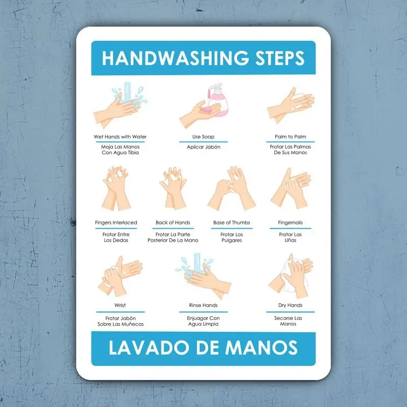 Bilingual Hand Washing the Correct Way Sign Safety Signs Medical Equipment Metal Tin –   for Home or Work--Tin Sign