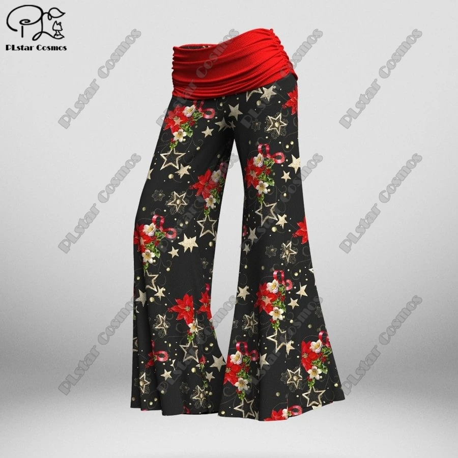 PLstar Cosmos 3D Printed Women's Colorful Christmas Small Floral Wide Leg Pants Waist Folding Elastic Waist Pants Casual S-1