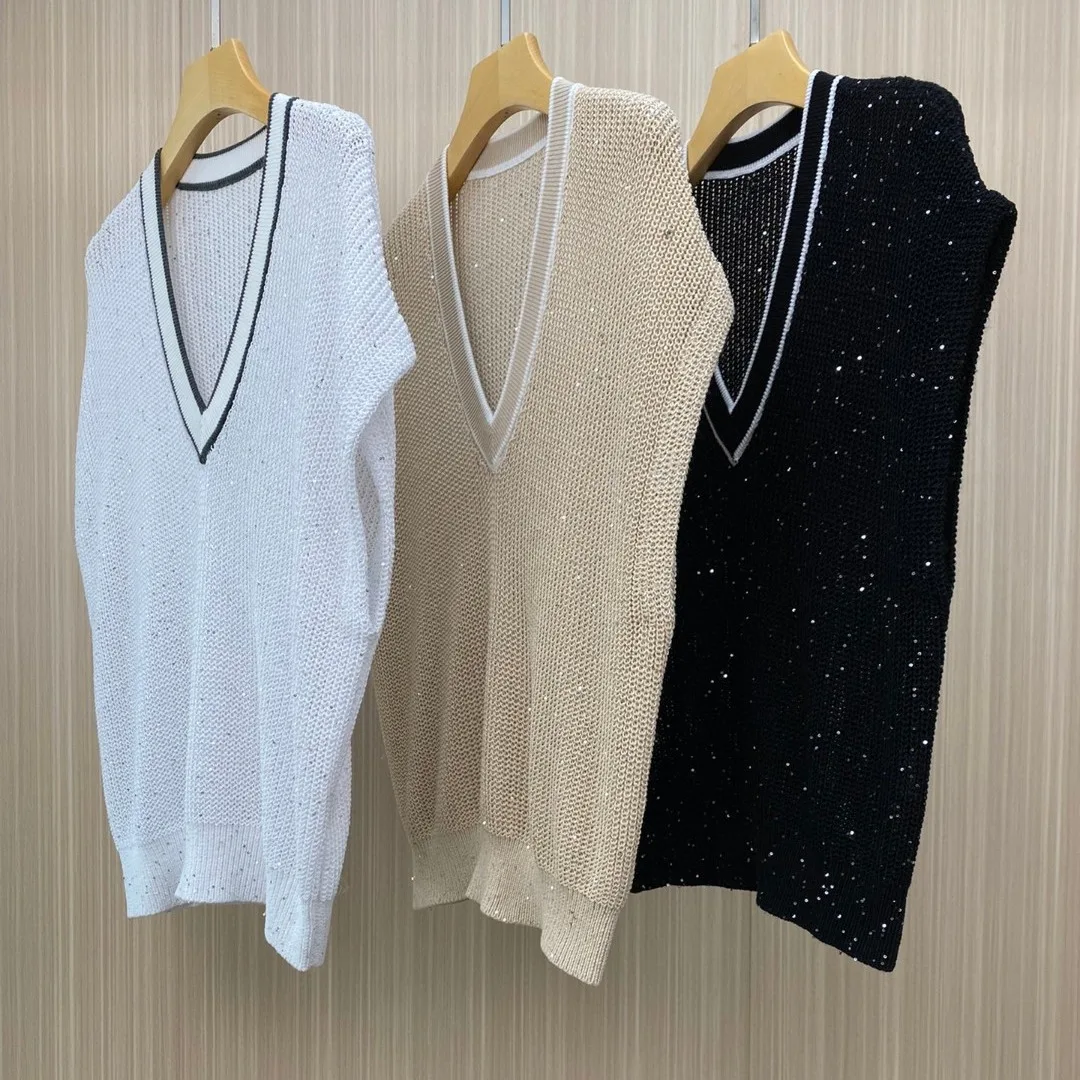 

2024 spring shiny sequinned yarn V-neck short sleeve knitted blouse