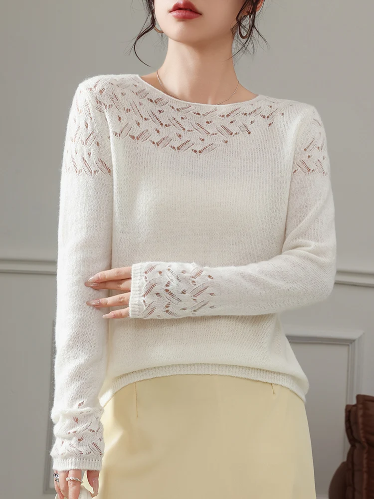 

New Women's Wool Blend Sweater Spring Autumn Female T-Shirts Hollow Out Knitwear Thin Pullover Long Sleeve Blouse Clothing Tops
