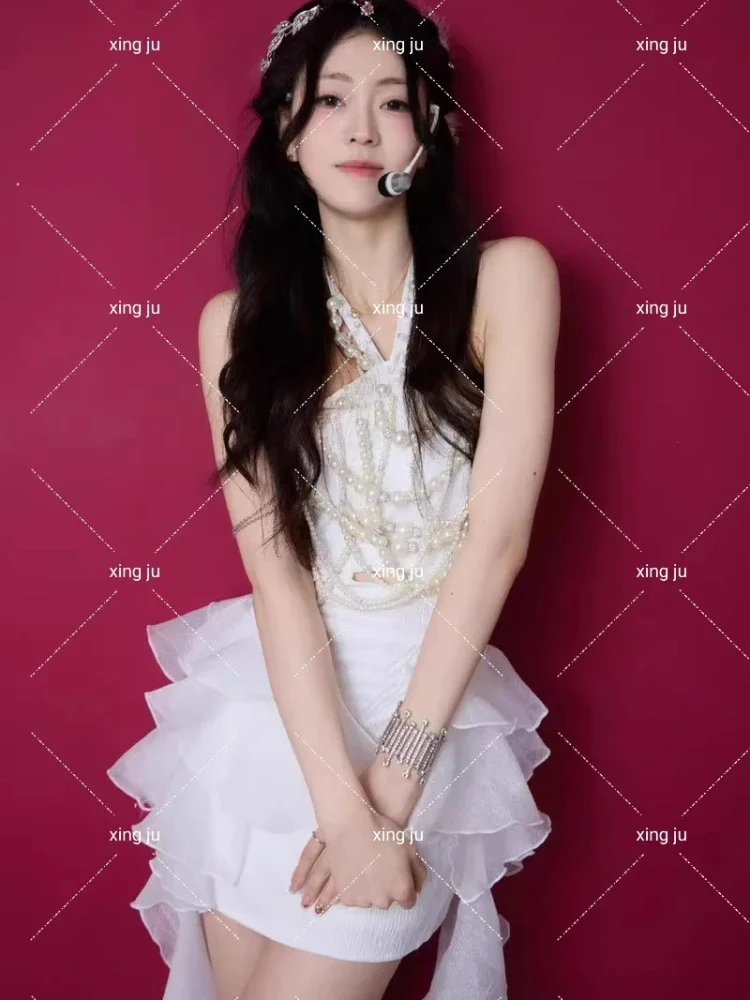 Kpop Frauen Sänger Street Dance Kleidung Hip Hop Kostüm Nachtclub Weibliche Sexy Weiße Perle Halfter Kleid Festival Tanz Kleidung